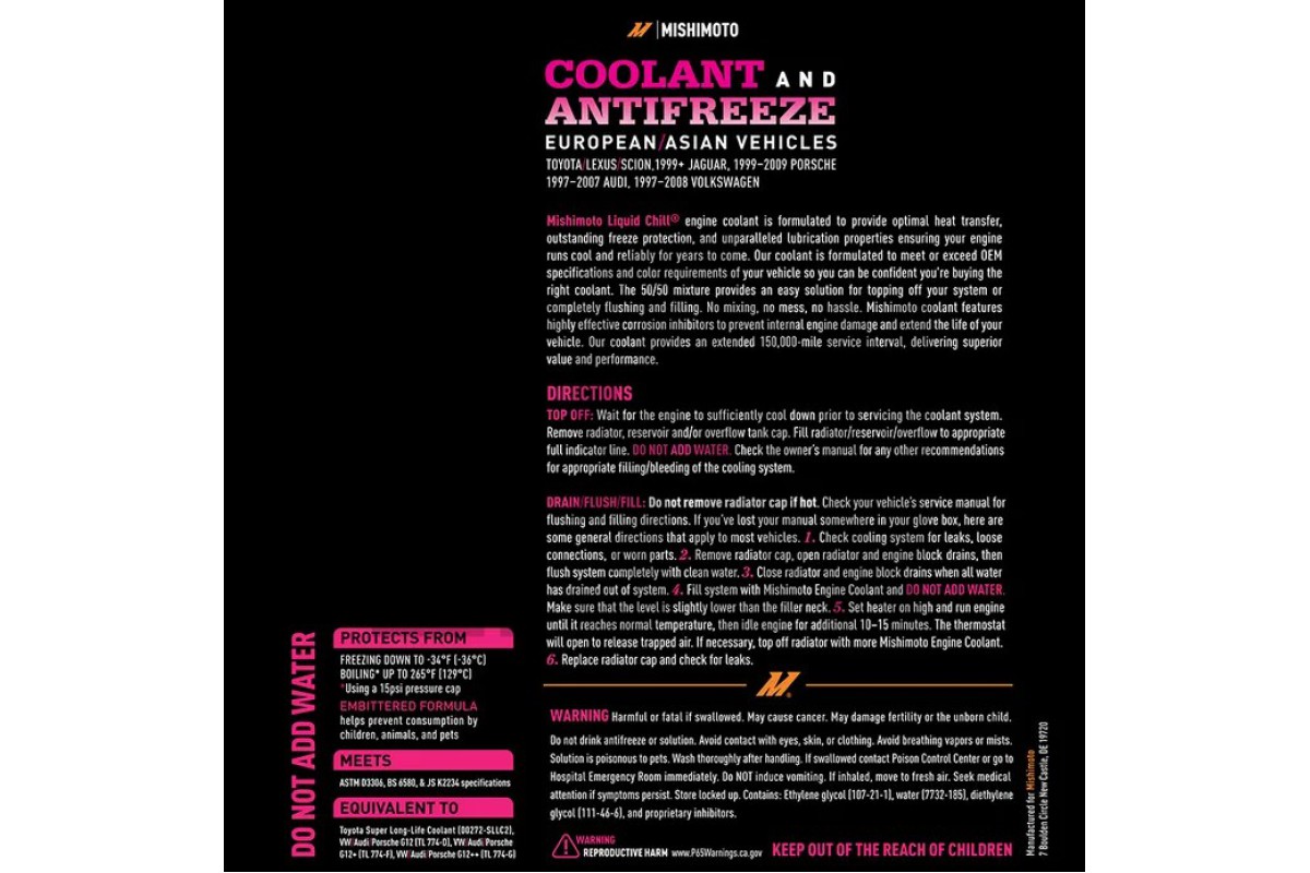 Mishimoto Chill G12+ Pink Coolant fluid for Skoda - Seat  - VW - Porsche - Audi